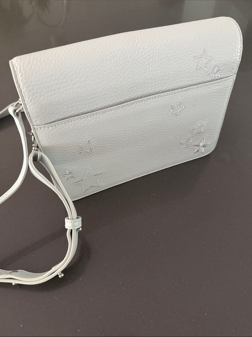 NWOT Dagne Dover Light Blue-Grey Leather Crossbody Bag with Star Embroidery - Picture 4 of 6